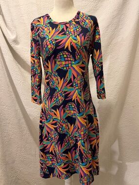 Lulu-B Pineapple Vaca 3/4 Sleeve UPF 50 Travel Dress Navy Tropical Size